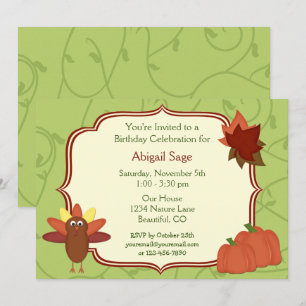 Cute Turkey and Pumpkins Thanksgiving Birthday Invitation