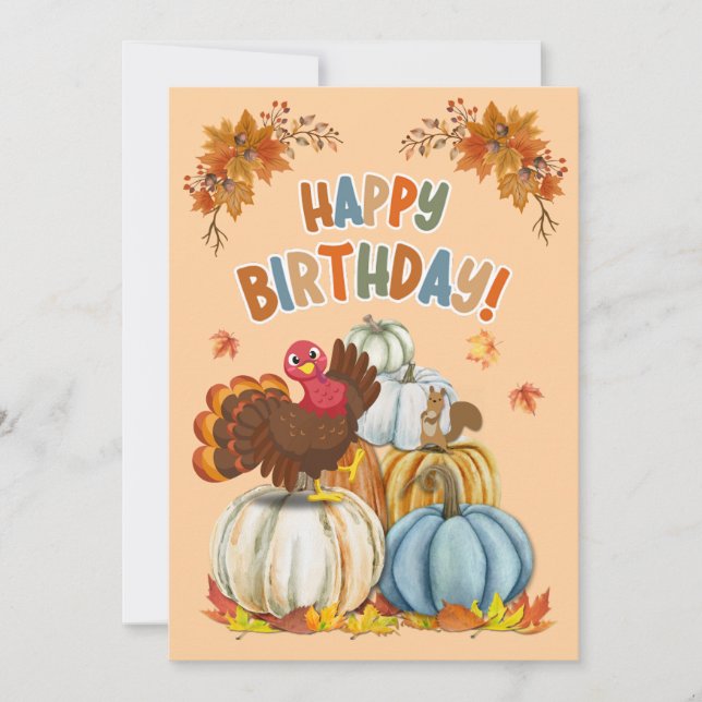 Cute Turkey and Retro Pumpkins Fall Birthday Holiday Card (Front)