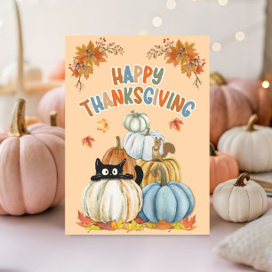 Cute Turkey and Retro Pumpkins Happy Thanksgiving  Card
