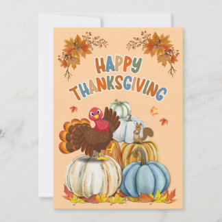 Cute Turkey and Retro Pumpkins Happy Thanksgiving Holiday Card