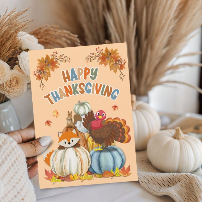 Cute Turkey and Retro Pumpkins Happy Thanksgiving  Holiday Card (Creator Uploaded)