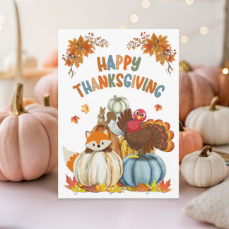 Cute Turkey and Retro Pumpkins Happy Thanksgiving Holiday Card