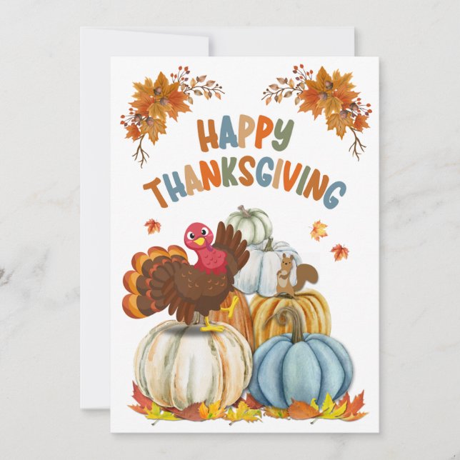 Cute Turkey and Retro Pumpkins Happy Thanksgiving Holiday Card (Front)
