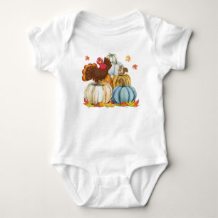 Cute Turkey and Squirrel and Pumpkins Thanksgiving Baby Bodysuit