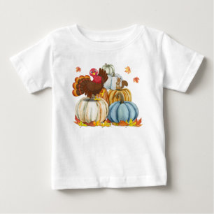 Cute Turkey and Squirrel and Pumpkins Thanksgiving Baby T-Shirt