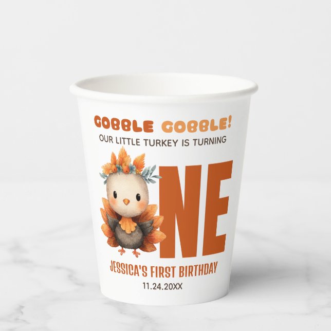 Cute Turkey Autumn Thanksgiving 1st Birthday Party Paper Cups (Front)