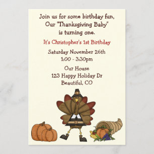 Cute Turkey Boy's Thanksgiving 1st Birthday Invitation
