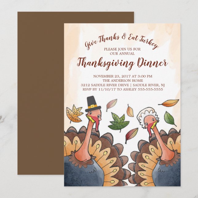 Cute Turkey Couple Thanksgiving Dinner Invitation (Front/Back)