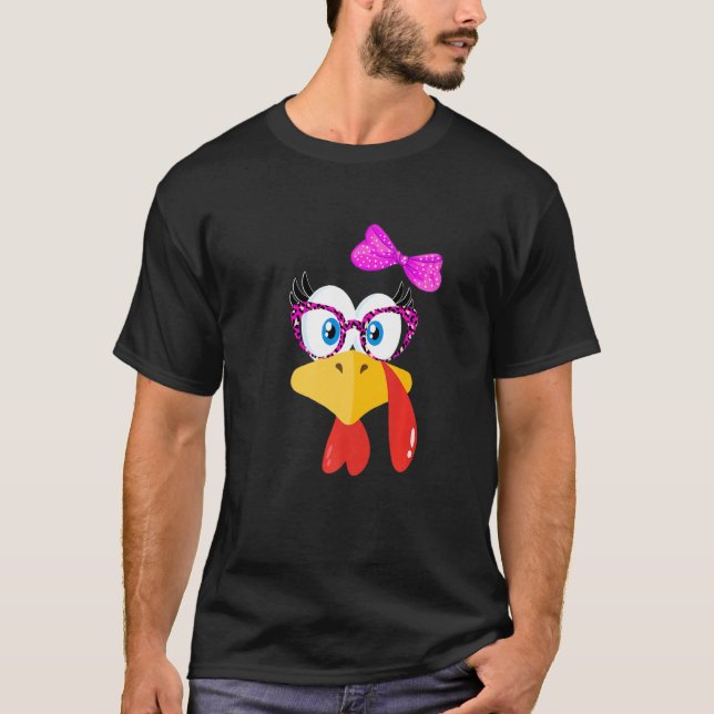 Cute Turkey Face Girl Pink Bow   Thanksgiving Kids T-Shirt (Front)