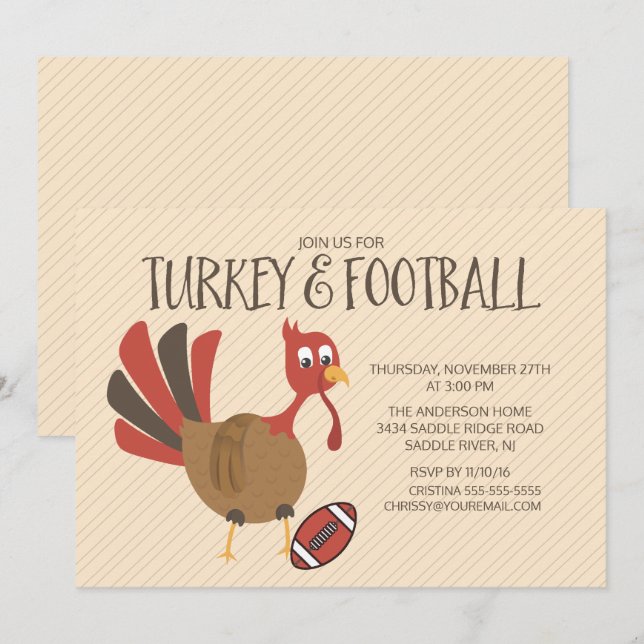Cute Turkey & Football Thanksgiving Invitation (Front/Back)