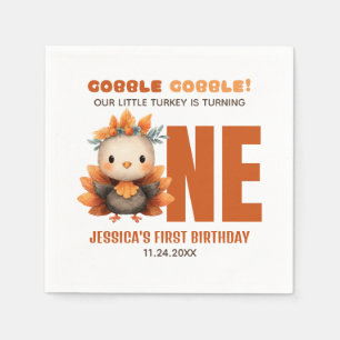 Cute Turkey Gobble Thanksgiving 1st Birthday Napkin