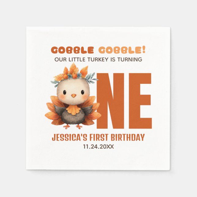 Cute Turkey Gobble Thanksgiving 1st Birthday Napkin (Front)