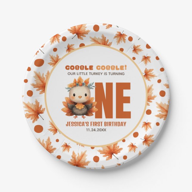 Cute Turkey Gobble Thanksgiving Fall 1st Birthday Paper Plate (Front)