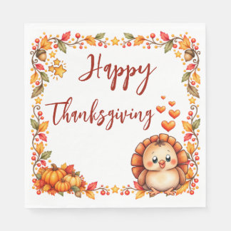 Cute Turkey Happy Thanksgiving Autumn Leaves  Napkin