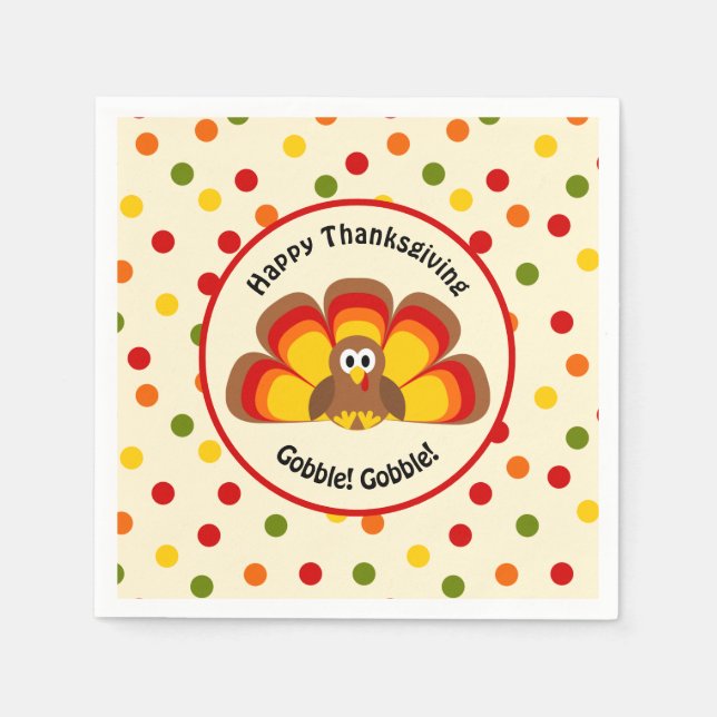 Cute Turkey Happy Thanksgiving Gobble Polka Dots Napkin (Front)