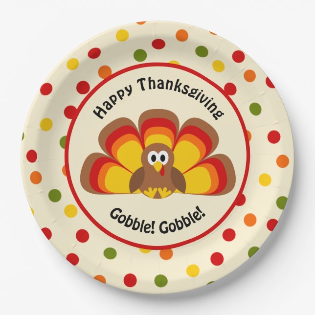 Cute Turkey Happy Thanksgiving with Polka Dots Pap Paper Plate (Front)