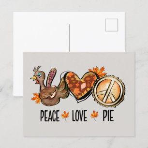 cute turkey pie Thanksgiving peace love Holiday Postcard