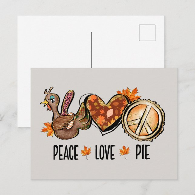 cute turkey pie Thanksgiving peace love Holiday Postcard (Front/Back)