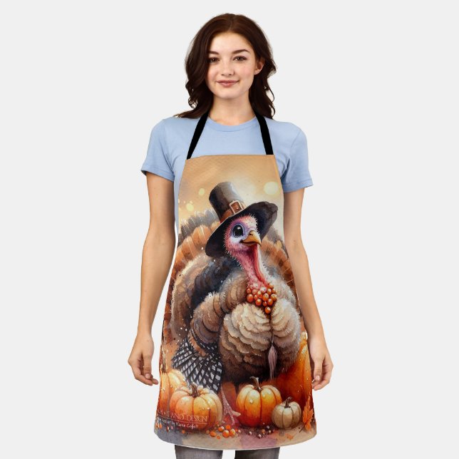 Cute Turkey Pilgrim Hat Pumpkins Corn Thanksgiving Apron (Worn)