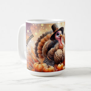 Cute Turkey Pilgrim Hat Pumpkins Corn Thanksgiving Coffee Mug