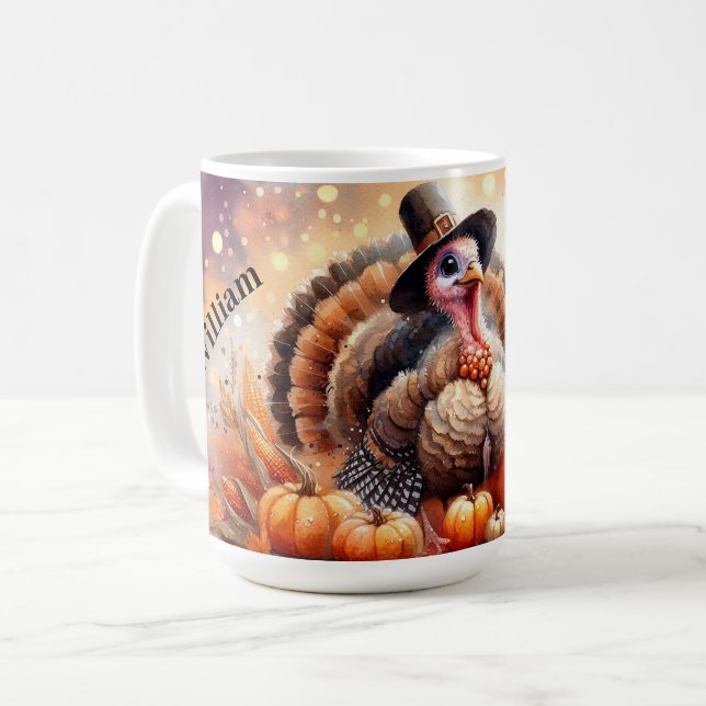 Cute Turkey Pilgrim Hat Pumpkins Corn Thanksgiving Coffee Mug (Front Left)