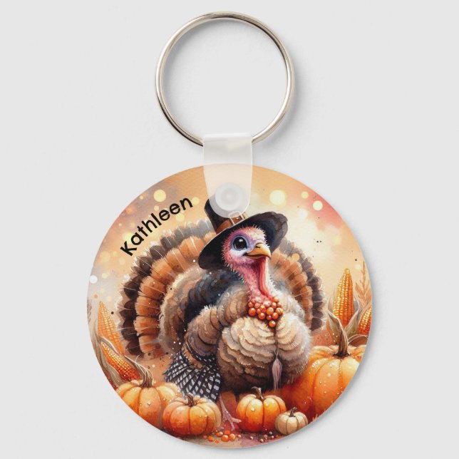 Cute Turkey Pilgrim Hat Pumpkins Corn Thanksgiving Key Ring (Front)