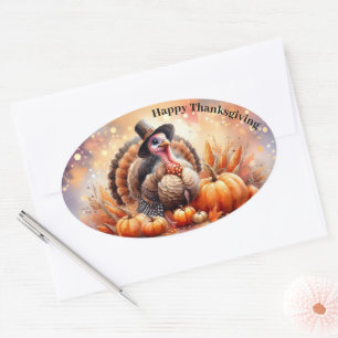 Cute Turkey Pilgrim Hat Pumpkins Corn Thanksgiving Oval Sticker