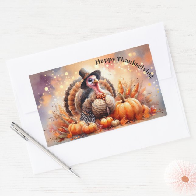 Cute Turkey Pilgrim Hat Pumpkins Corn Thanksgiving Rectangular Sticker (Envelope)