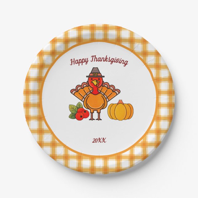 Cute Turkey Pumpkin Happy Thanksgiving Party  Paper Plate (Front)