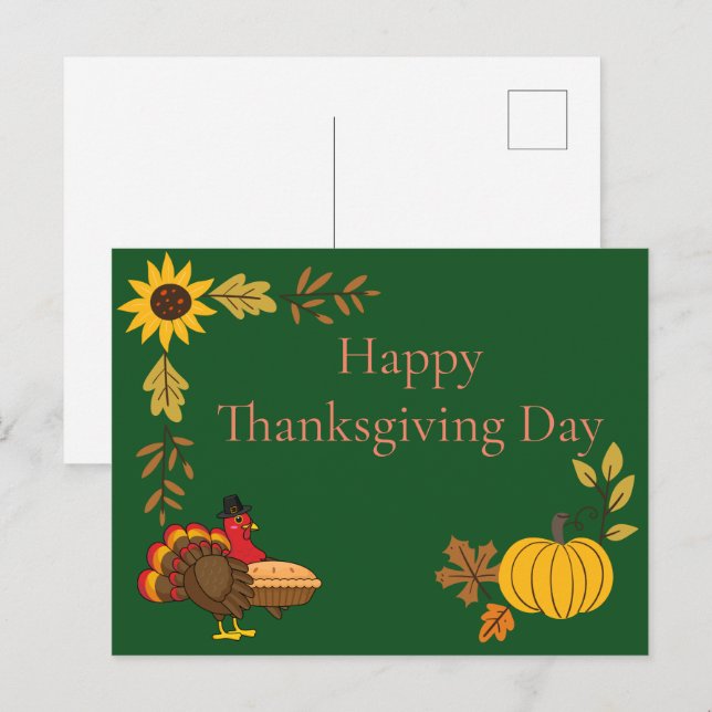 Cute Turkey Pumpkin Pie Thanksgiving | Personalise Postcard (Front/Back)