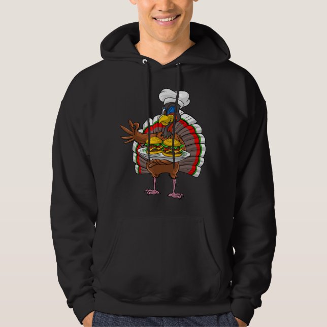 Cute Turkey Serving Cheeseburger Cool Thanksgiving Hoodie (Front)