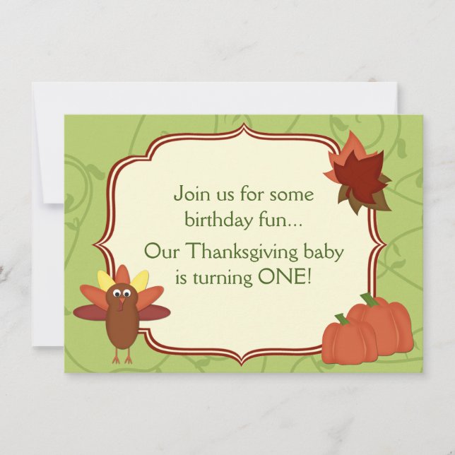 Cute Turkey Thanksgiving 1st Birthday Invitation (Front)