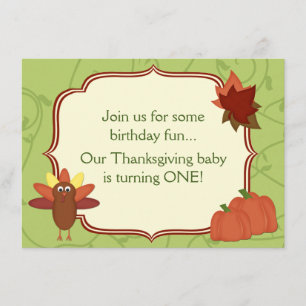 Cute Turkey Thanksgiving 1st Birthday Invitation