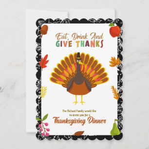 Cute Turkey Thanksgiving Dinner Black Invitation