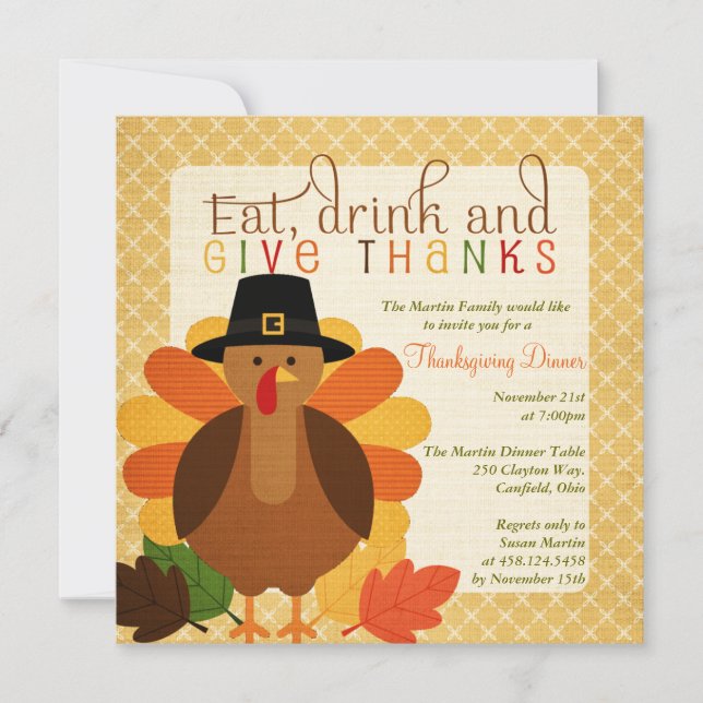 Cute Turkey Thanksgiving Dinner Invitation (Front)