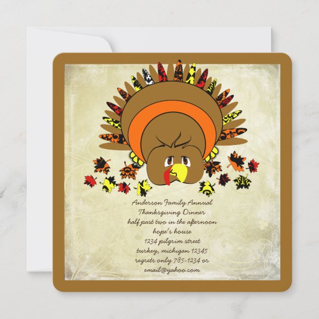 Cute Turkey Thanksgiving Dinner Invitation (Front)