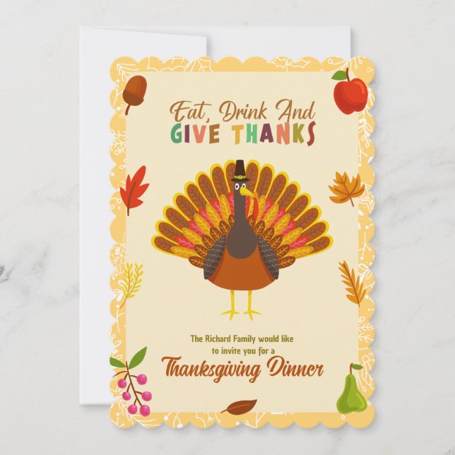 Cute Turkey Thanksgiving Dinner Invitation (Front)
