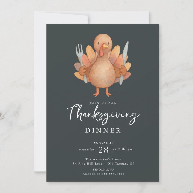Cute Turkey Thanksgiving Dinner Invitation (Front)
