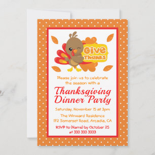 Cute Turkey Thanksgiving Dinner Party Invitation