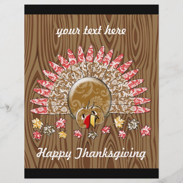 Cute Turkey Thanksgiving Flyer Wood Grain (Front)