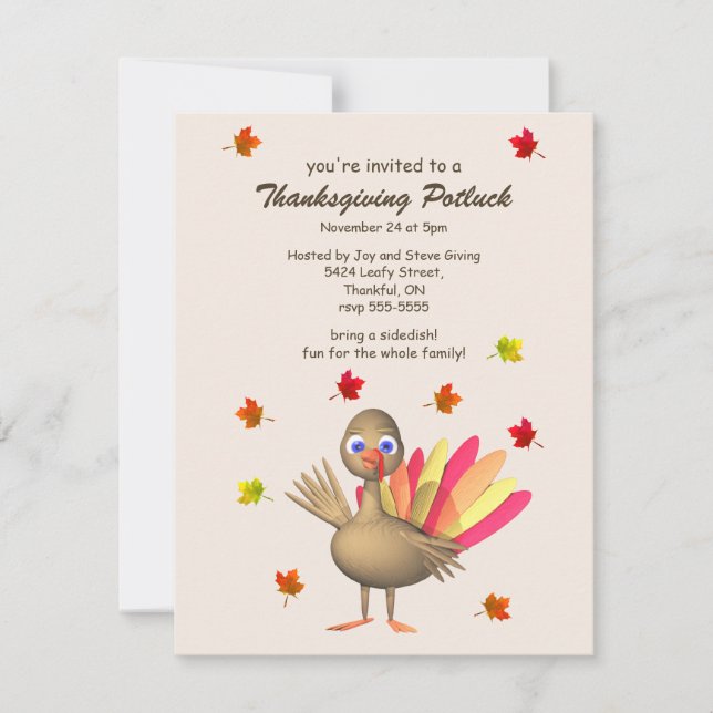 Cute Turkey Thanksgiving Potluck 4.25x 5.5 Invitation (Front)