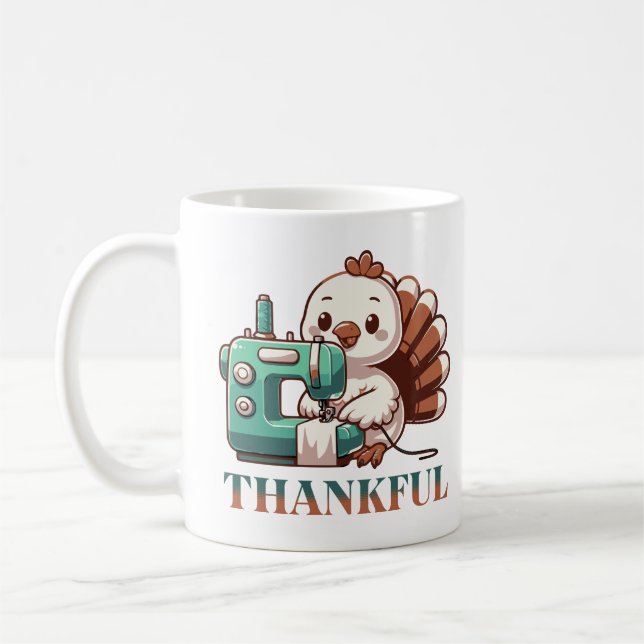 Cute Turkey Using Sewing Machine Thankful Coffee Mug (Left)