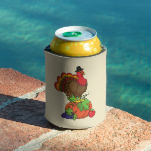 Cute Turkey with Harvest Thanksgiving Can Cooler
