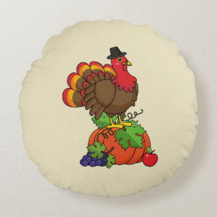 Cute Turkey with Harvest Thanksgiving Round Cushion