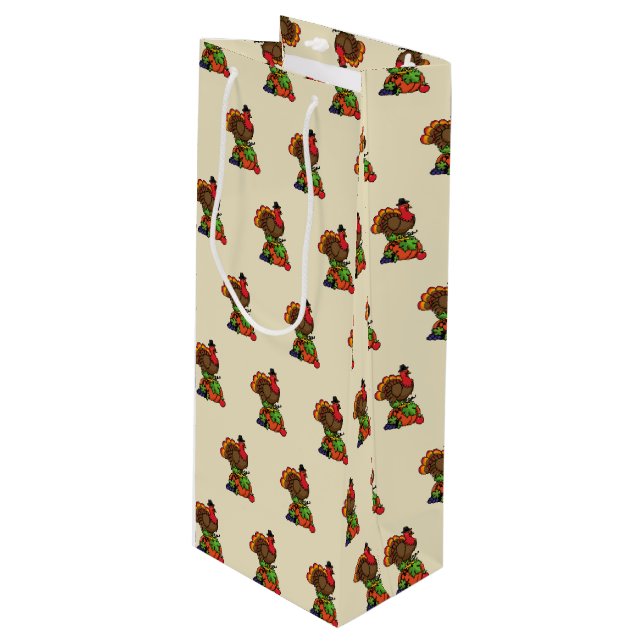 Cute Turkey with Harvest Thanksgiving Wine Gift Bag (Front Angled)