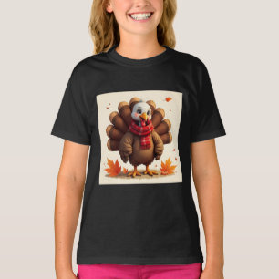 Cute Turkey with Plaid Scarf & Autumn Leave T-Shirt