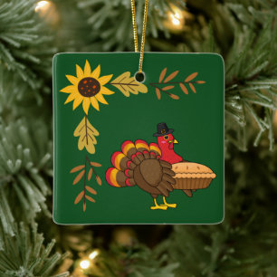 Cute Turkey with Pumpkin Pie Thanksgiving Ceramic Ornament