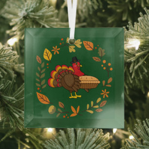 Cute Turkey with Pumpkin Pie Thanksgiving Glass Tree Decoration