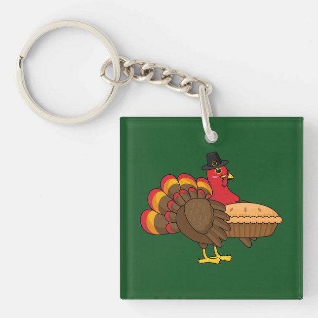 Cute Turkey with Pumpkin Pie Thanksgiving Key Ring (Front)