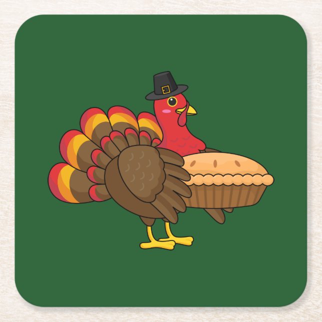 Cute Turkey with Pumpkin Pie Thanksgiving Square Paper Coaster (Front)